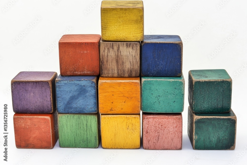 Poster Building a colorful tower with wooden blocks in a bright setting