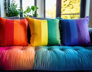A cozy space with colorful rainbow pillows on a soft couch symbolizes pride and inclusivity.