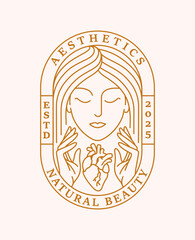 beautiful woman and heart line art with oval badge