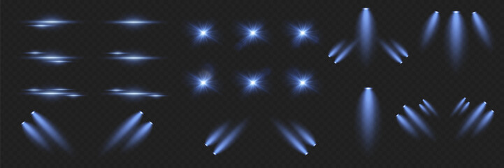 Collection of flares and stars and light sources. Spotlight light, glare of lines.