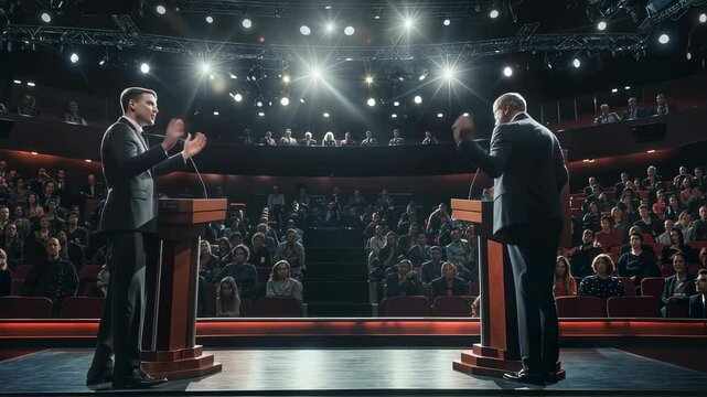 Man giving a speech on stage to a crowd video footage. Two speakers at debate with audience in auditorium motion picture. Political, social, or corporate event clip.