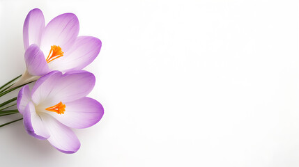Fototapeta premium Two purple crocus flowers with orange centers on white background ideal for spring cards, floral branding, botanical packaging or nature visuals. Selective focus