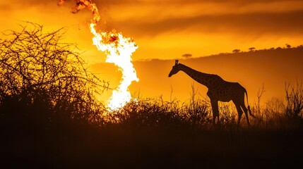 Majestic giraffe silhouetted against vibrant sunset and flickeri