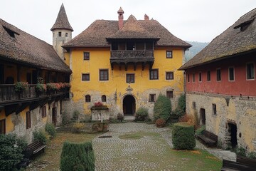 Historic courtyard of a medieval building in a picturesque location during a cloudy day