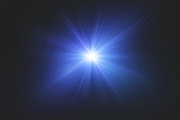 Magical special effect of flash, light star, explosion of rays and lens.