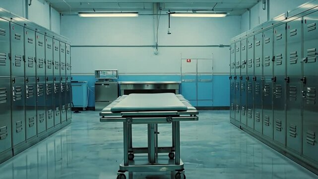 Empty morgue with a gurney and rows of lockers