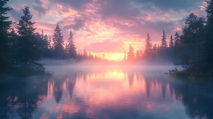 Misty lake sunrise with forest trees high resolution photo