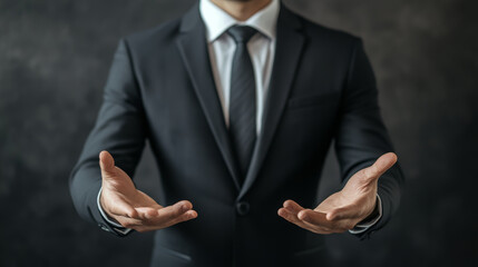 Fototapeta premium Unidentifiable businessman offers assistance with outstretched hands in a professional setting.