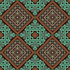 Obraz premium Arabian ethnic fabric pattern features a striking geometric design in vibrant green tones, beautifully contrasted ethnic a black background. The play of colors adds depth and ethnic elegance designed
