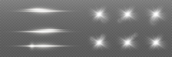 Set of white special effects of light and flashes, lens flare.