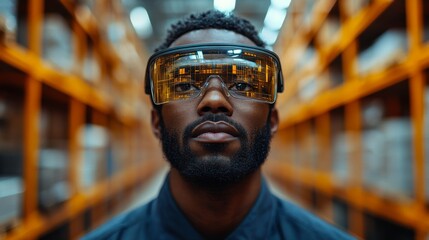 A focused individual wearing safety glasses stands in a vibrant warehouse filled with shelves of inventory, actively engaged in logistics and distribution tasks.