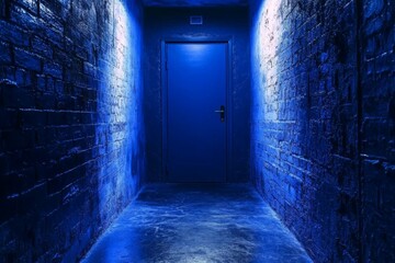Obraz premium Vivid blue hallway with a closed door at the end, creating a mysterious atmosphere in an urban setting