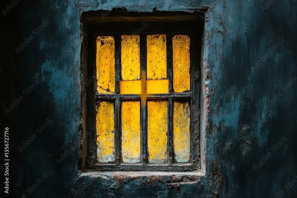 Aufkleber Rustic window with yellow light illuminating the dark wall in an old building