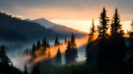 Obraz premium Misty Mountain Sunrise with Golden Sunlight Through Pine Trees