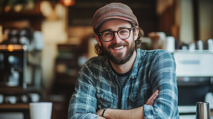 Obraz premium Smiling young man with beard and glasses sitting at a café table in casual style