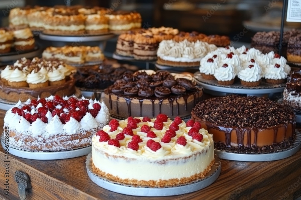 Poster delicious selection of assorted desserts displayed at a bakery in the afternoon sun