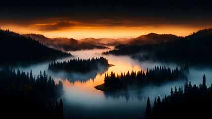 Fototapeta premium Misty Sunrise Landscape with Orange Sky and Dark Trees