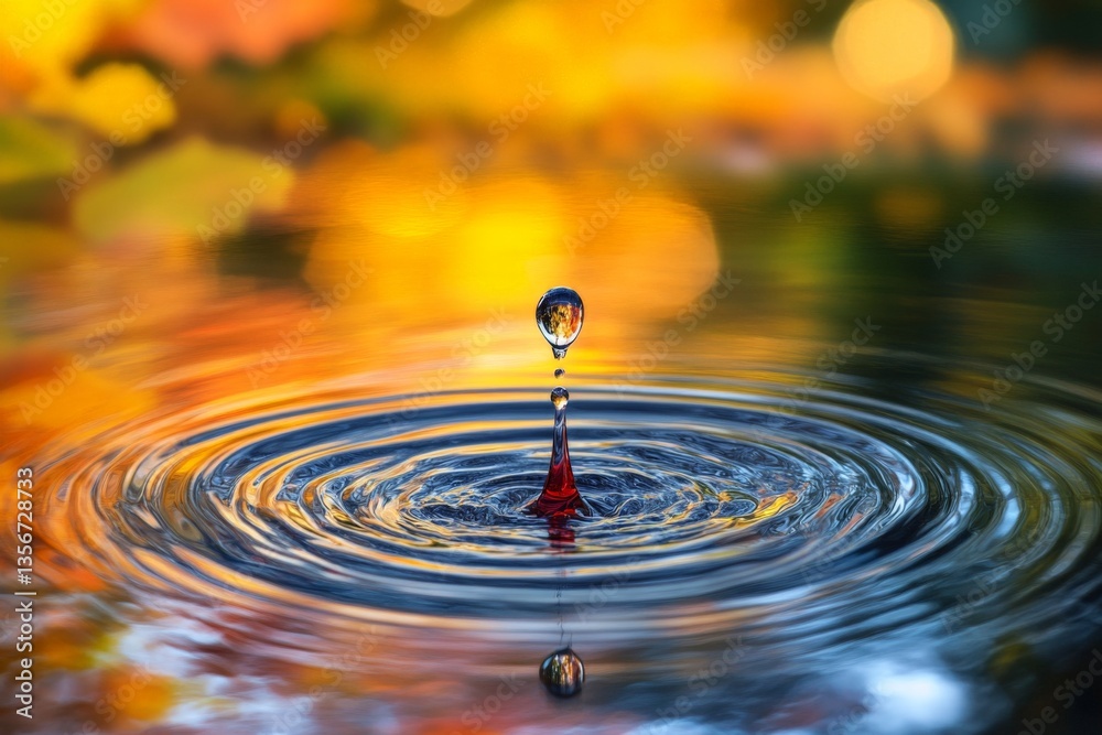 Aufkleber water droplet creates ripples in a serene pond with vibrant autumn colors in the background during a