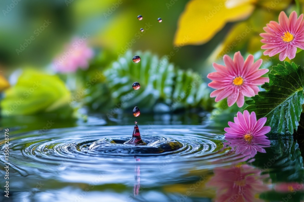 Poster water droplets create ripples in a serene pond surrounded by vibrant flowers and lush greenery in a 