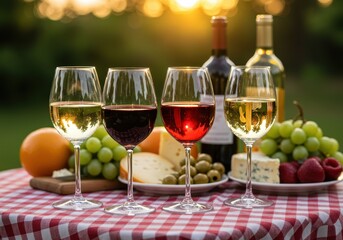 Naklejka premium A beautifully arranged outdoor wine-tasting setup on a checkered tablecloth