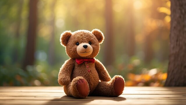 A plush teddy bear with a brown body, dark nose