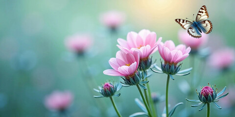 Beautiful butterfly flying over delicate pink flowers. Wild flowers blooming in the meadow in the morning mist in the rays of the rising sun, close-up. Blurred natural background.