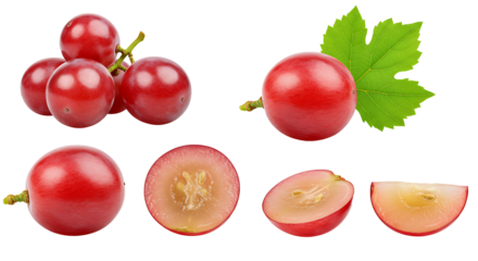 A sequence of fresh Red Grapes displayed in four variations a whole Red Grapes, an Red Grapes cut in half revealing