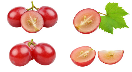 Naklejka premium A sequence of fresh Red Grapes displayed in four variations a whole Red Grapes, an Red Grapes cut in half revealing