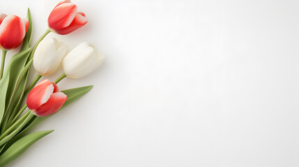 Elegant arrangement of red and white tulips on white background is perfect for romantic visuals, gift cards, or feminine branding. Selective focus
