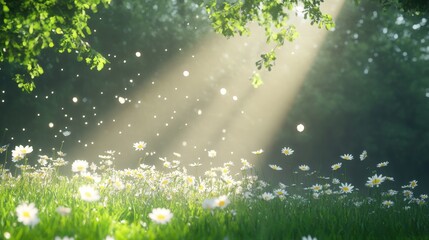 Obraz premium A serene scene of sun rays filtering through trees, illuminating a field of daisies amidst a tranquil, natural setting.