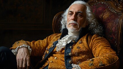 Elegant older man in ornate chair, dark room