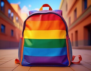 A rainbow striped backpack stands out in a vibrant urban setting, symbolizing pride.