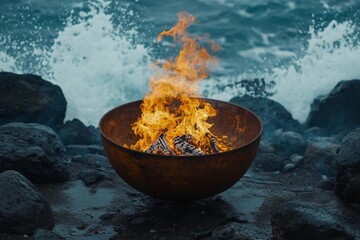 Fire in a rustic bowl on rocky shore with waves crashing against the coast