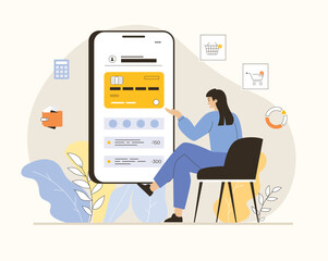 Mobile banking application, money transfer, currency exchange. Woman with financial account on smartphone screen checks all banking activities. Flat vector illustration.