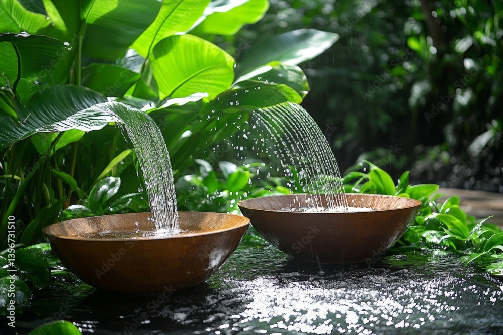 Aufkleber Water flows gently from two bowls amidst lush greenery in a serene garden setting
