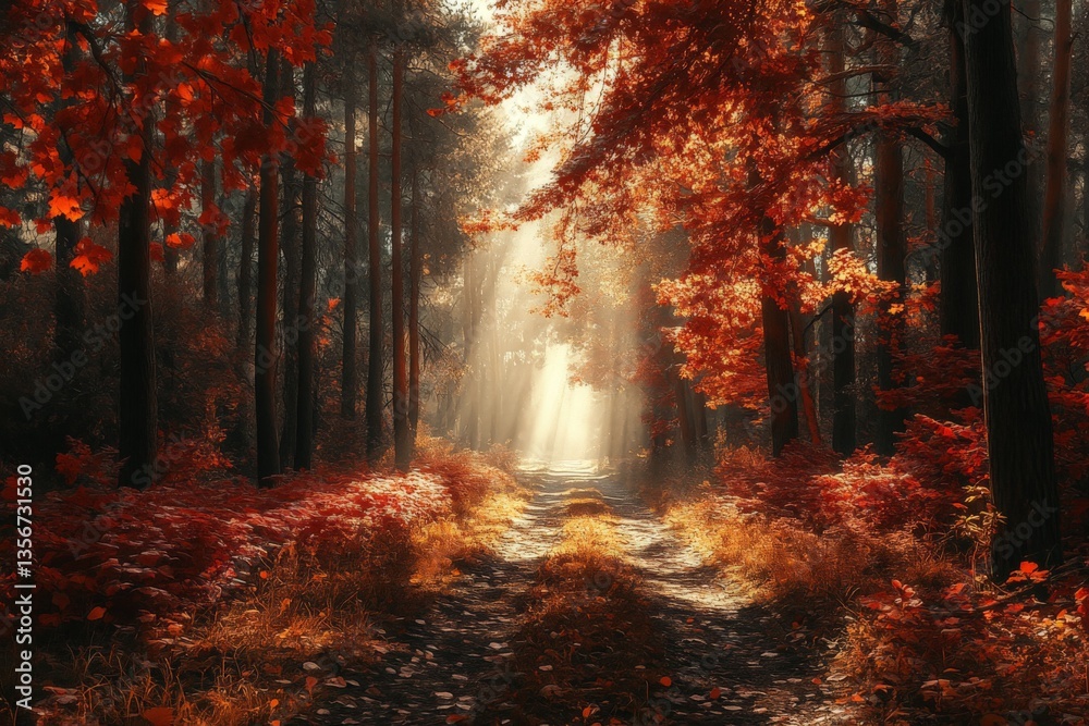 Poster Sunlight filters through autumn trees along a serene forest path in a vibrant display of red and orange foliage