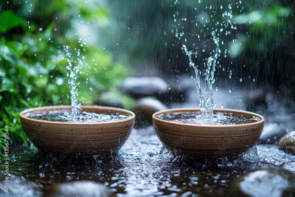 Poster water splashes between clay bowls under gentle rain in a serene garden setting