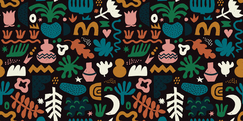 Abstract organic shape seamless pattern with naive geometric doodles in natural earthy shades.