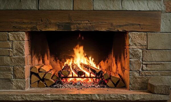A cozy fireplace with burning logs and stacked firewood inside a stone brick structure design hearth