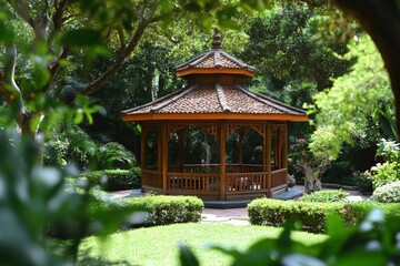Fototapeta premium Elegant wooden gazebo surrounded by lush greenery in a serene garden setting during daylight hours