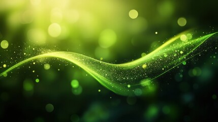 Ethereal Green Wave of Light and Sparkles Flowing Through a Dreamy Abstract Background with Bokeh Effect and Soft Focus