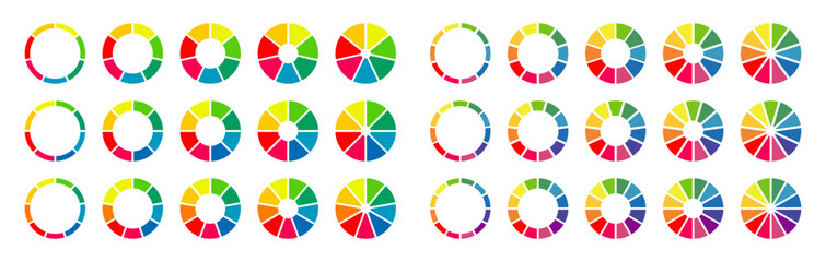 Donut charts, pies segmented on 7, 8, 9, 10, 11, 12 equal parts. Wheel divided in sections. Set of multicoloured infographic diagrams. Circle section graph. Pizza chart round icons. Loading bar mockup © Hanna