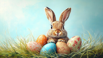 A cute Easter bunny with decorated eggs in a grass nest celebrates the spring season.