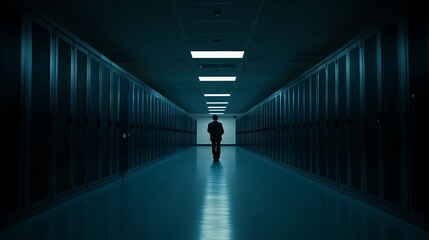 Lone figure in a dark server room.