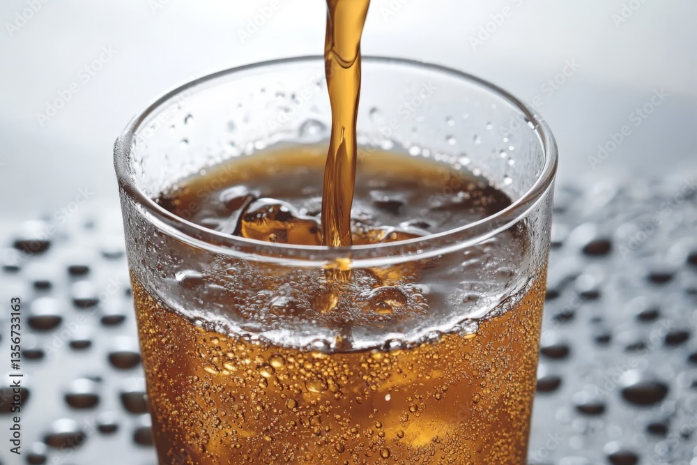 Poster refreshing beverage being poured into a glass with ice on a silver surface during a sunny afternoon