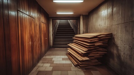Dark hallway with wooden planks and stairs.