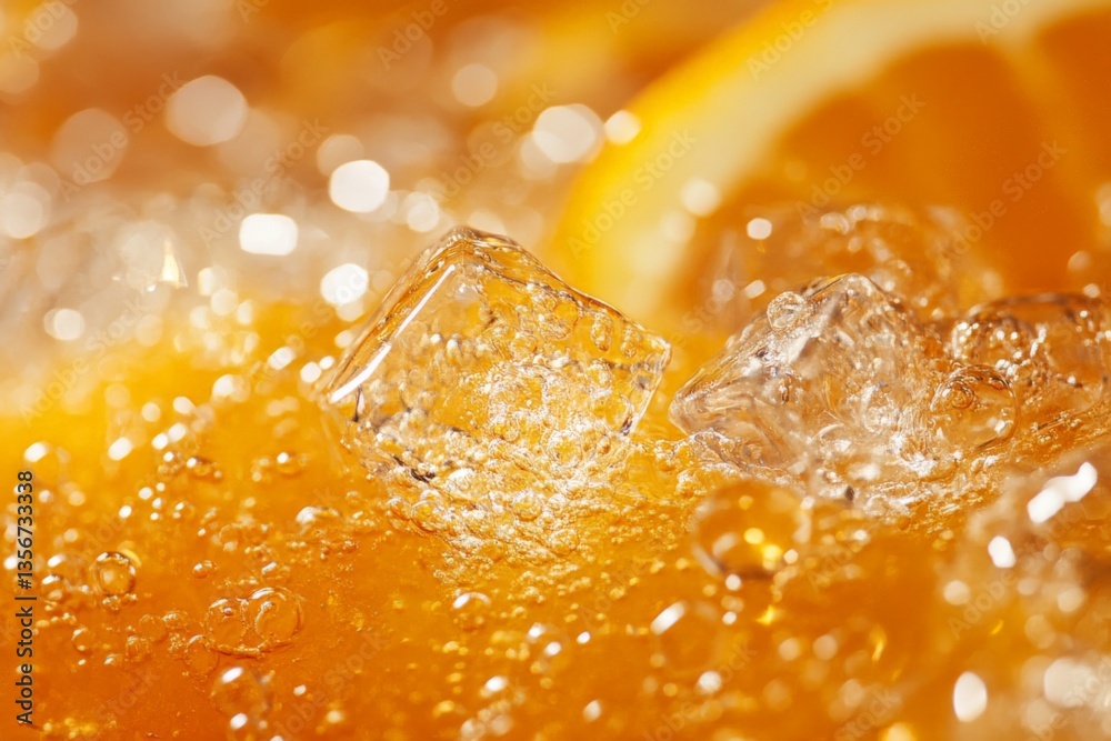 Poster refreshing citrus drink with ice cubes and bubbles at summer gathering