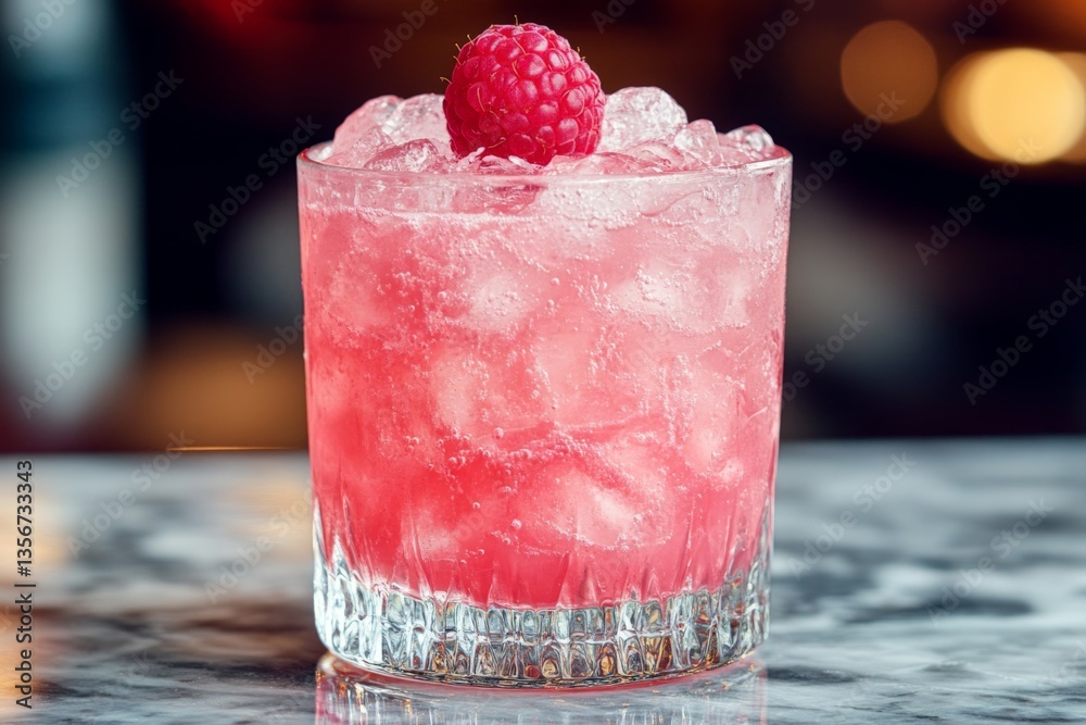 Aufkleber Refreshing raspberry cocktail garnished with fresh raspberry served on a marble countertop at an evening gathering