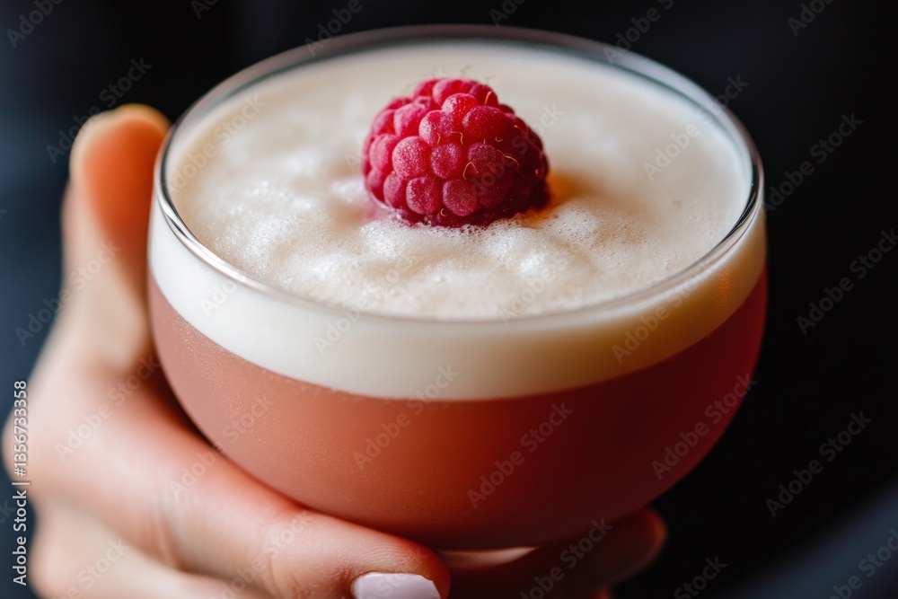 Poster Refreshing cocktail served in an elegant glass with a raspberry garnish on top