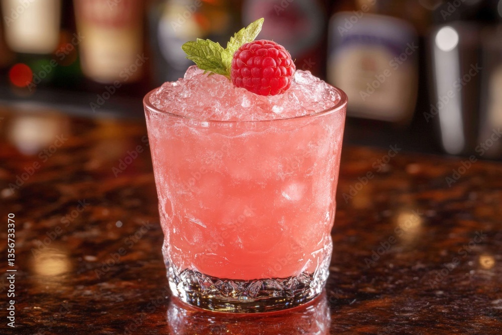 Aufkleber refreshing raspberry cocktail served in a rocks glass with crushed ice and mint garnish at a vibrant